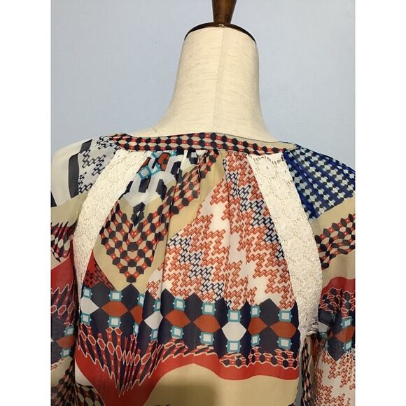 Beige Women's Tie Front Top Elastic Sleeves Lace Detail SM - Picture 7 of 10